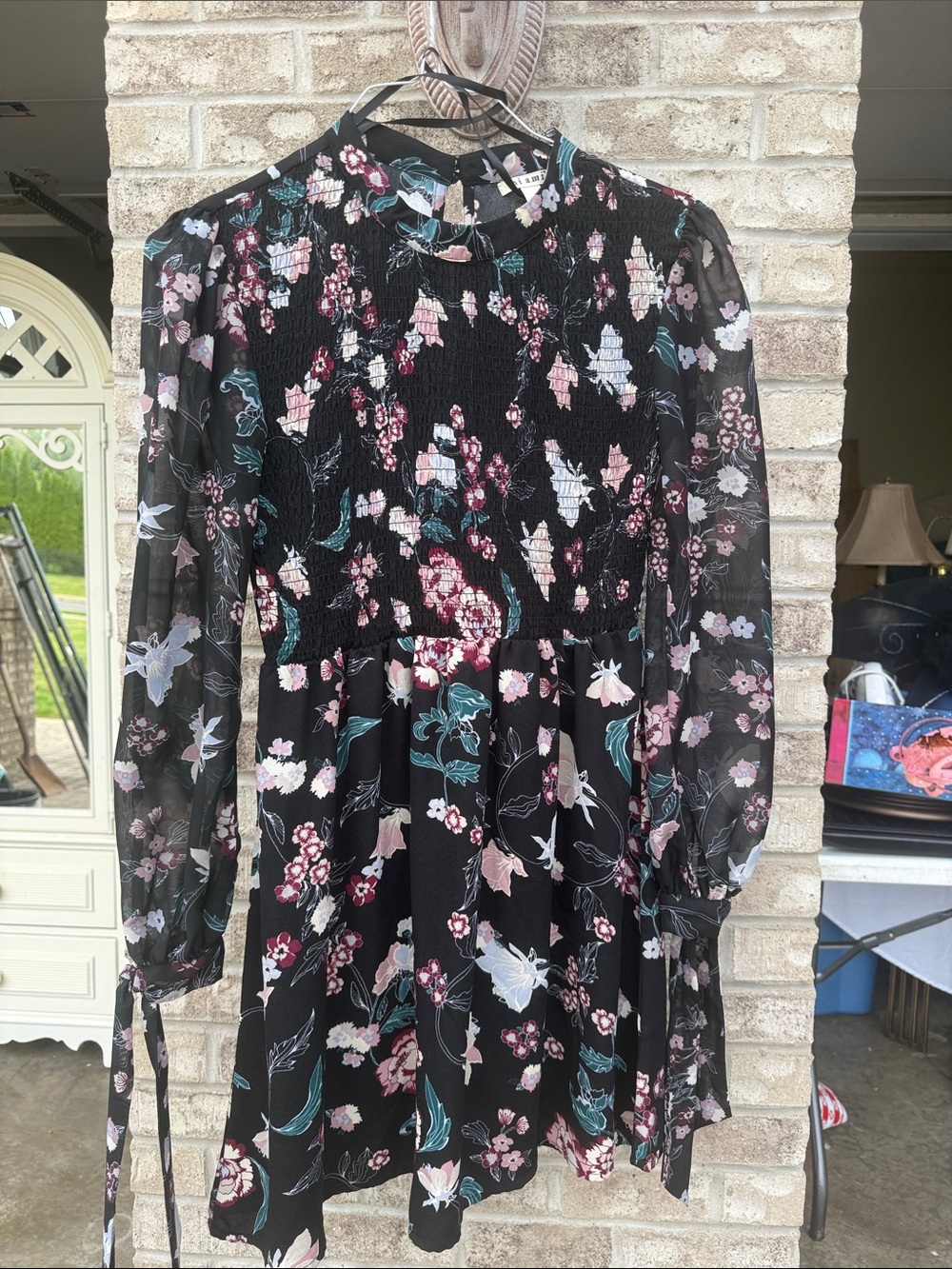 miami Black Floral Long Sleeve Smocked Dress